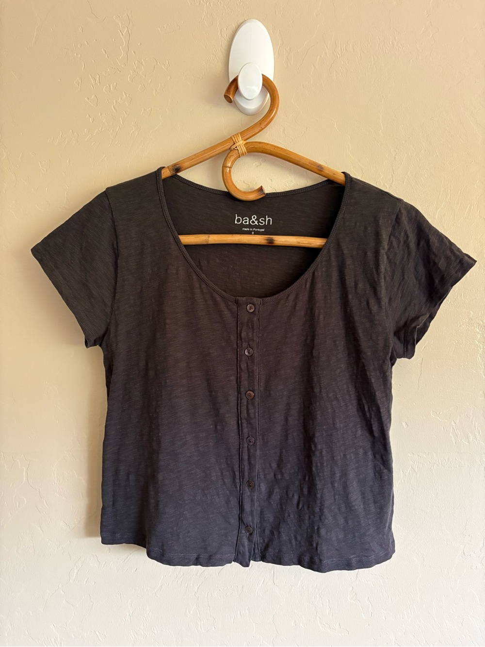 Ba&sh 100% Cotton Charcoal Grey Button Down Basic Short Sleeve Shirt Size 2